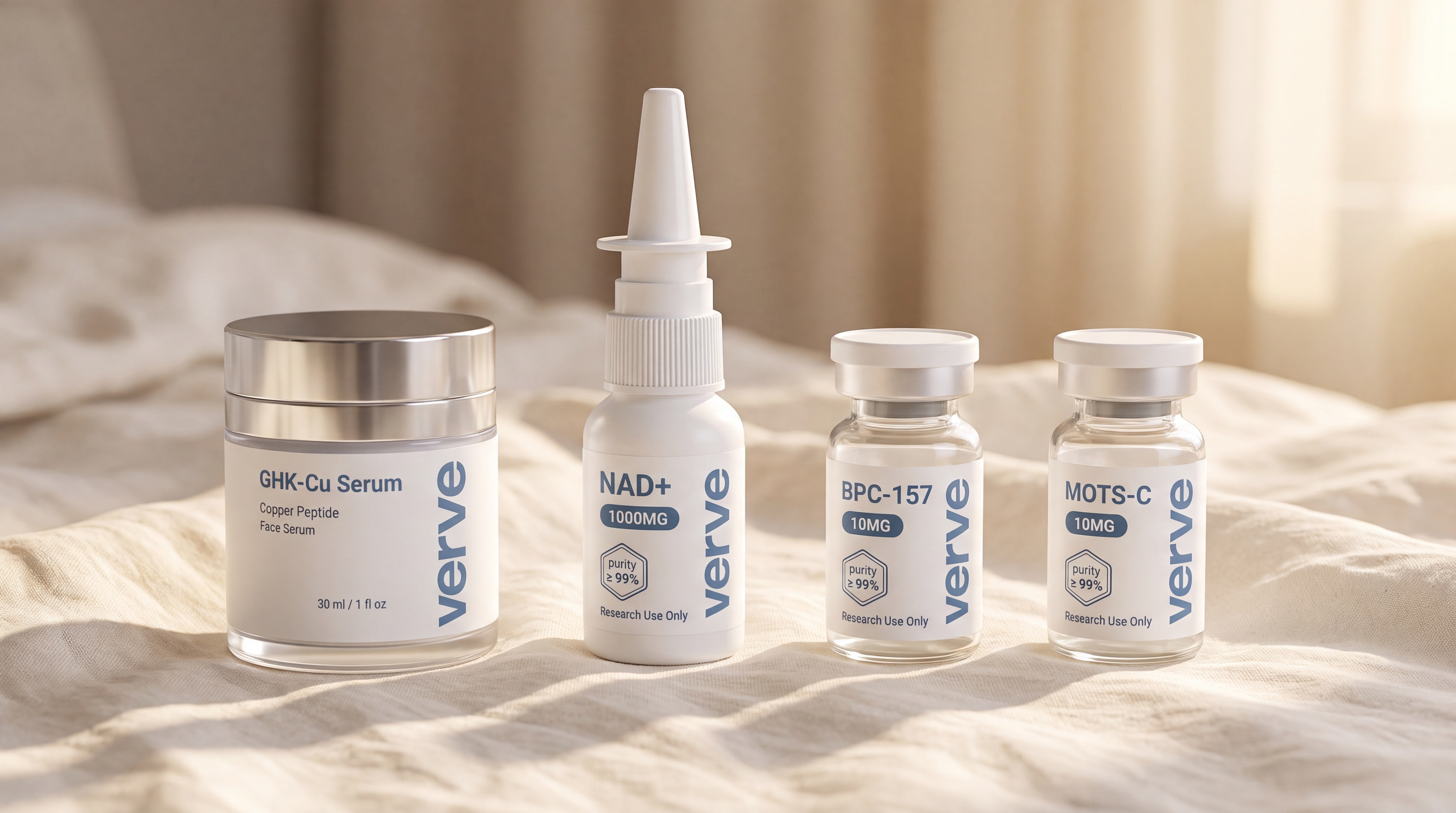the verve line: ghk-cu serum, nad+ spray and research vials on linen